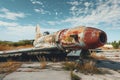 A rusted airplane sits on top of a vast field, abandoned and weathered by time, An old rusty fighter aircraft forgotten in a