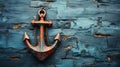 An rusted anchor on a brick wall with chain. Background with copy space