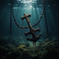 A rusted anchor and chain dragging along the ocean floor. Royalty Free Stock Photo