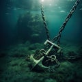 A rusted anchor and chain dragging along the ocean floor. Royalty Free Stock Photo