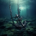 A rusted anchor and chain dragging along the ocean floor. Royalty Free Stock Photo