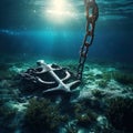 A rusted anchor and chain dragging along the ocean floor. Royalty Free Stock Photo
