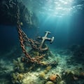 A rusted anchor and chain dragging along the ocean floor. Royalty Free Stock Photo