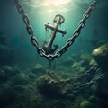 A rusted anchor and chain dragging along the ocean floor. Royalty Free Stock Photo