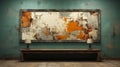 Rusted Artwork Hanging Above Teal Wall And Table