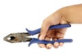 A hand holding a rusted and beatup industrial blue pliers tool Royalty Free Stock Photo