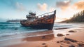 A rusted boat sitting on top of a sandy beach. Generative AI image. Royalty Free Stock Photo