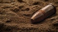 Detailed view of a rusted bullet casing partially buried in dirt. Generative AI Royalty Free Stock Photo