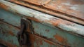 a rusted chest of drawers with a rusted handle on it\'s sides and a rusted door handle on the top of the chest