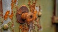 a rusted door handle on a green and rusted door with rusted paint on the outside of the door and the inside of the door