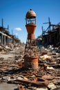 A rusted fire hydrant sitting on top of a pile of rubble. Generative AI image.