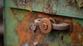 a rusted green door with a rusted handle and a rusted padlock on the outside of the door and the inside of the door