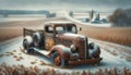 Rusted Historic Farm Truck Vintage Rusted Winter Landscape Scenic Country Agriculture AI Generated Far