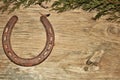 Rusted Horseshoe and Cedar Branches on Wood Background