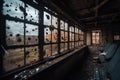 rusted hulk of abandoned factory, windows shattered and walls riddled with bullet holes Royalty Free Stock Photo