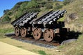 Rusted iron train wheels on railroad track Royalty Free Stock Photo