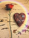 Rusted love heart and red rose Royalty Free Stock Photo