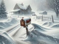 A Rusted Mailbox on an Icy Country Road Landscape Scene in Winter Old Homestead House Property AI Generate