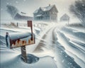 A Rusted Mailbox on an Icy Country Road Landscape Scene in Winter Old Homestead House Property AI Generate