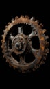 Rusted mechanical gear with intricate details on black background