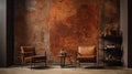 Rusted Metal Art In Warm Brown Room: Mind-bending Murals And Terracotta Royalty Free Stock Photo