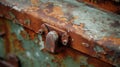 a rusted metal box with a latch on the front of it and a rusted metal handle on the back of it, with a rusted surface