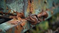 a rusted metal chain is attached to a rusted metal door with a rusted lock on the outside of it and a rusted surface