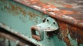 a rusted metal handle on a rusted green and rusted metal box with rusted paint on the outside of the door and a rusted metal
