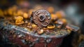 a rusted metal object sitting on top of a pile of dirt