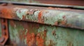 a rusted metal surface with rusted paint and rusted metal rivets on the side of the metal surface is green and rusted