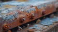 a rusted metal surface with small holes and rivets on the top and bottom of the rusted metal surface is blue and yellow