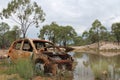 Rusted old car wreck at edge of pond in Australian bush