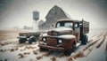 Rusted Old Farm Truck Weathered Vintage Red Barn Historic Winter Landscape Scenic Country Agriculture AI Generated Far Royalty Free Stock Photo