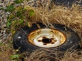 Rusted old tyre rim abandoned in long dry grass