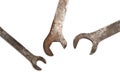 Rusted old wrenches on white background