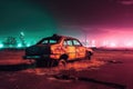 Rusted-out car abandoned on a deserted highway, with a broken-down cityscape visible in the distance, neon colors