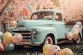 Rusted patina light blue pickup truck, pastel color, flowers and balloons