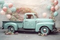 Rusted patina light blue pickup truck, pastel color, flowers and balloons