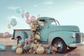 Rusted patina light blue pickup truck, pastel color, flowers and balloons