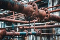 Rusted pipes with grime drip dark liquid, evoking industrial decay Royalty Free Stock Photo