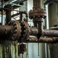 Rusted pipes with grime drip dark liquid, evoking industrial decay Royalty Free Stock Photo