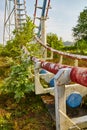 Rusted rails of an abandoned roller coaster with green leaves and shrubs