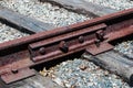 Rusted railway ties linked with bolts.