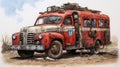 Rusted Red Bus: A Realistic Fantasy Artwork Inspired By Soviet Realism And Comic Art