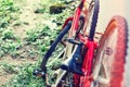 Rusted red vintage bicycle at wall Royalty Free Stock Photo