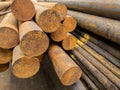 rusted round steel bars pack - close-up view on ends with selective focus Royalty Free Stock Photo