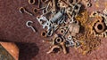 Rusted screws, nuts and bolts in a rusty iron case, rust background. Royalty Free Stock Photo