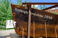 Rusted ship with the 2019 Federal Garden Show BUGA inscription in Heilbronn, Germany