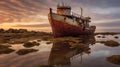 A rusted shipwreck ship on the seashore