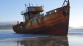 A rusted shipwreck ship on the seashore